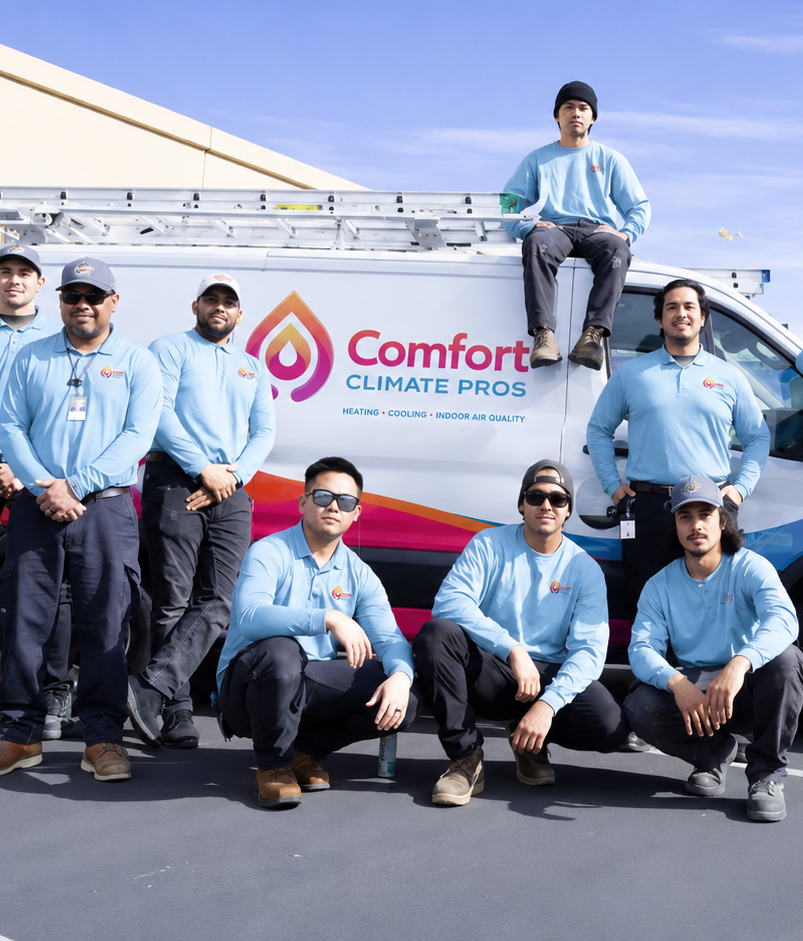 The Comfort Climate Pros technician team posed around a branded service van